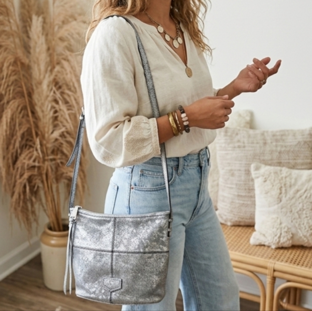 Aimee Kestenberg Purse Crossbody Leather Metallic Silver Blue Denim Look Bucket